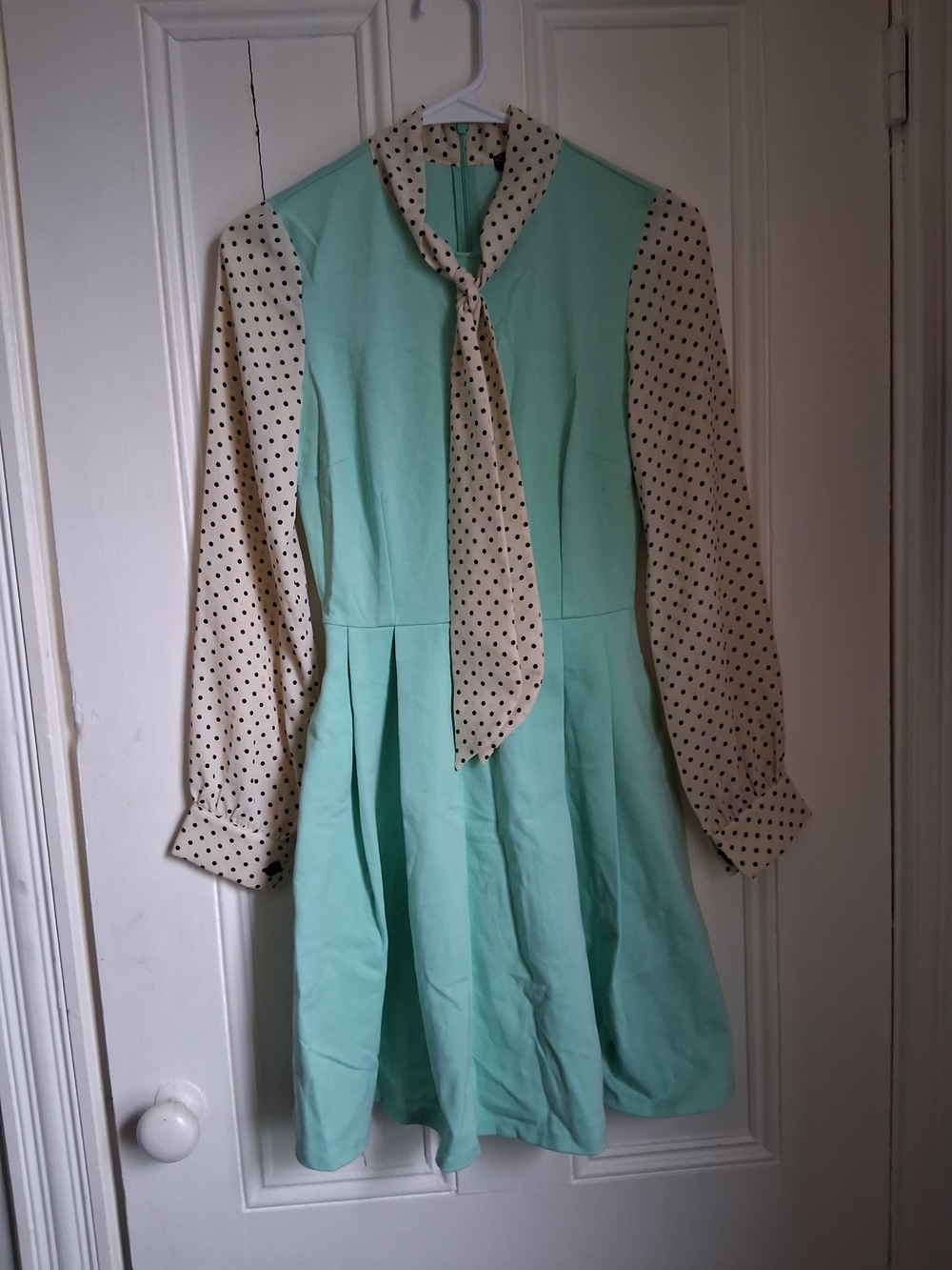 Mint Green Fit-and-Flare Dress with Polka Dot Tie Neck